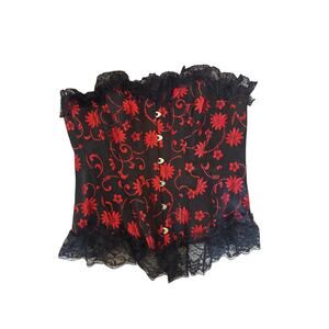 Vintage Gothic Black And Red Floral Print Overbust Corset w. Lace Trim - Size S